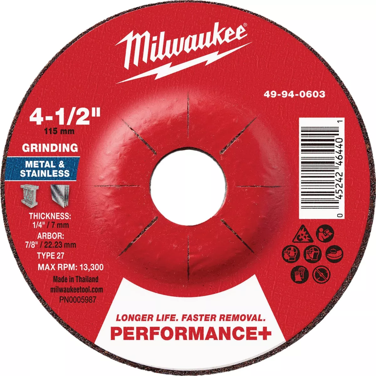 Milwaukee Type 27 4-1/2 In. x 1/4 In. x 7/8 In. Performance-Plus Metal Grinding Cut-Off Wheel